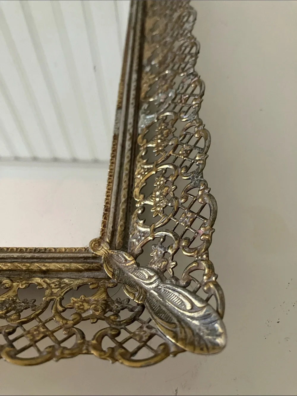 Vintage Hollywood Regency Ornate Filigree Vanity Mirror Tray 16” x 11”